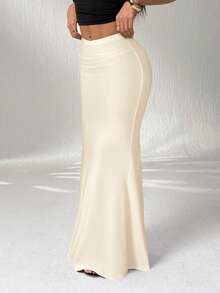 SHEIN PETITE 女士纯色弹力腰优雅长款鱼尾裙 - 杏色 - 查看 4