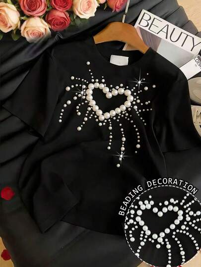Resyla Women's Casual Short Sleeve Loose Fit Heart & Pearl Decor Round Neck T-Shirt, Summer