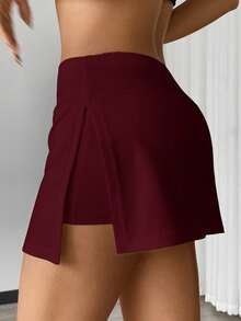 SHEIN EZwear 2件套女士黑色和酒红色针织休闲运动裙裤，夏季短裙，女士短裤内衬裙裤，网球裙，2条装短裙，女士短裙，女士网球裙，运动裙，女士短裙 - 酒紅色 - 查看 6