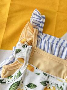 Playful Pals 3pcs/Set Baby Girl Lemon Print Blue & White Striped Ruffle Sleeve Dress, Versatile For Summer Outings, Photo Shoots Or Daily Wear - Multicolor - View 7