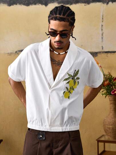 ROMWE MEN Street Life Men's Casual Lemon Embroidery Pattern Short Sleeve Shirt, Versatile For Daily Wear