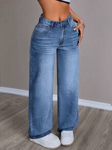 SHEIN PETITE Women's Casual Everyday Washed Slant Pocket Loose Straight Leg Jeans - Medium Wash - View 3