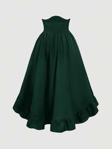 SHEIN MOD 高腰不对称下摆半身裙，高腰腰带，前褶下摆，可调节长度，荷叶边下摆，双面可穿，后腰收褶，黑色，复古风 - 墨綠色 - 查看 3