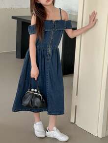 DAZY Tween Girls' Solid Color Denim Zip-Up Dress - Blue - View 3