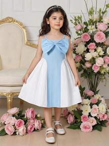 Young Girl Blue And White Summer Flower Girl Dress,Colorblock Bow Decor Camisole Sky Blue Dress For Kids,Matching Mom And Me Easter Party Dresses - Multicolor - View 4