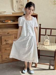 DAZY Tween Girl Embroidered & Applique Single-Breasted Short Sleeve Shirt Top And Mini Skirt Vacation Outfit - White - View 3