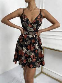 EMERY ROSE Vestido de verano con estampado floral y cuello en V sin mangas para mujer - Negro - Ver 6