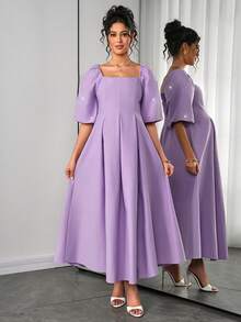 Momance Elegant Maternity Square Neck Faux Pearl Embellished Long Dress - Purple - View 3