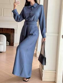 DAZY Set de 2 piezas de top con cuello y pantalones con cintura anudada, conjunto informal de oficina para mujer - Azul - Ver 6