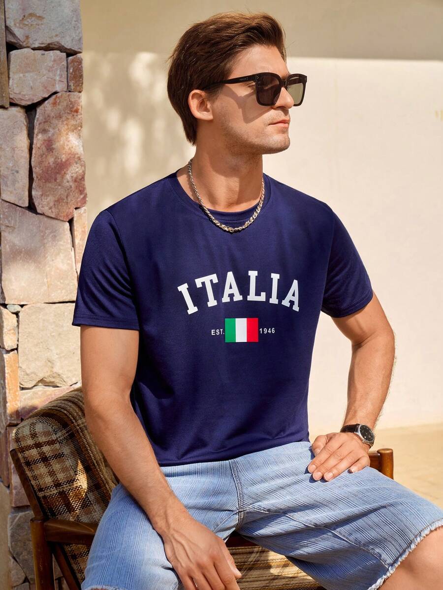 Manfinity CityGents 男士夏季字母印花圓領短袖休閒T恤 - 寶藍色 - 查看 1