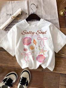 奶油白，Salty Soul 甜美海星贝壳珍珠蝴蝶结图案T恤，少女休闲简约短袖圆领T恤，适合日常穿着、街头风、外出、居家、度假、返校、春夏等场合。 - 彩色 - 查看 3