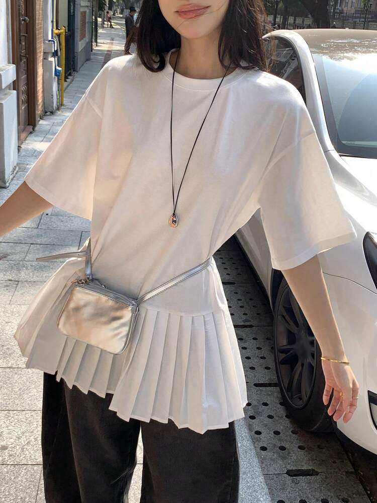 Women's Fashion Solid Color Pleated Drop Shoulder Short Sleeve Round Neck T-Shirt Summer