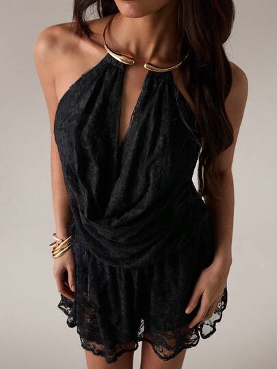 SHEIN BAE Damska seksowna koronkowa sukienka mini z falbanką na festiwal muzyczny, rave party, z metalowymi zdobieniami (wbudowane szorty), odpowiednia na festiwal muzyki country, imprezę, festiwal, koncert, do klubu, strój w stylu western, letnią sukienkę na wakacje