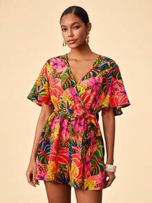 Travachic Mono de mujer con cuello cruzado, mangas con volantes y cintura con lazo, estampado tropical de leopardo para vacaciones de verano en la playa - Rosa Fucsia - Ver 4
