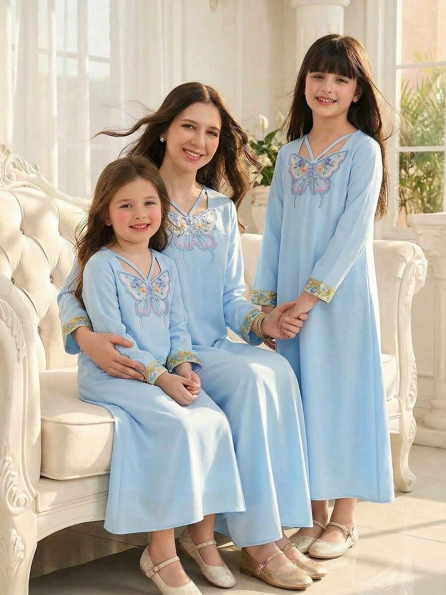 少女优雅蝴蝶刺绣连衣裙 - 藍色 - 查看 1