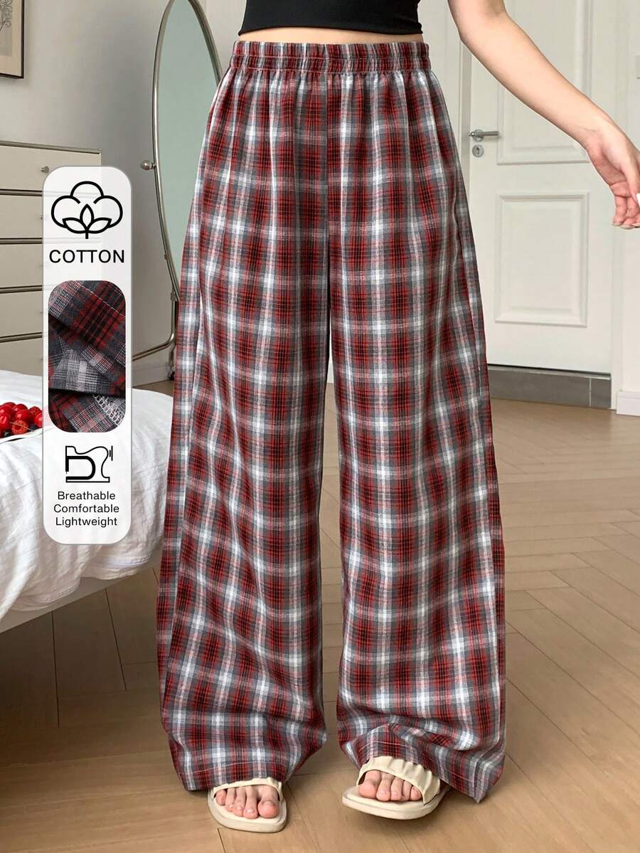 DAZY Plaid Loose Straight Leg Long Pajama Pants, Women Spring Homewear Bottom - Blue - View 1