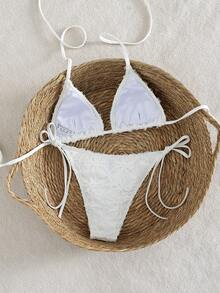 Swim Vcay Women's Solid Color Textured Fabric Halter Triangle Bikini Set, Summer - White - View 3