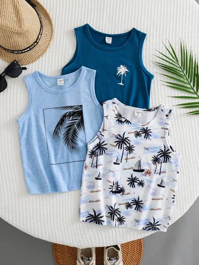 SHEIN Set de 3 piezas de top sin mangas de punto holgado con estampado de palmeras, estilo casual de vacaciones para niño pequeño, adecuado para la escuela, vacaciones, primavera y verano