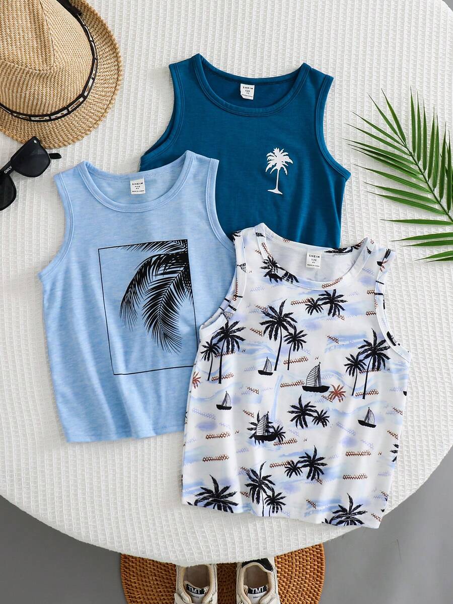 SHEIN 3pcs/Set Young Boy Casual Vacation Style Coconut Tree Print Sleeveless Loose Knit Tank Top Set, Suitable For School, Vacation, Spring & Summer - Blue - View 1