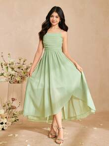SHEIN 1pc Teen Girl Elegant Chiffon Spaghetti Strap Dress With Gathered Waist And Flared Skirt, Mint Green, Suitable For Daily, Party, Wedding, Bridesmaid - Green - View 4