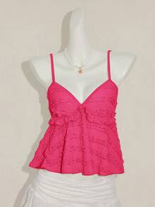 Sweetina Áo hai dây đơn màu trơn có viền bèo nhún, thích hợp mặc mùa hè. - Màu Hồng Tươi - Xem 4