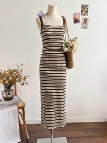 1pc Girls' Fashion Sexy Spaghetti Strap Long Wavy Striped Knit Backless Dress, Casual Summer Wear - Apricot - View 1