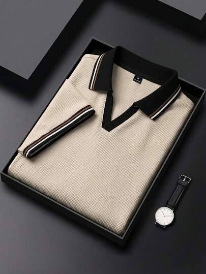 Manfinity Bizformal Camisa polo de hombre con color contrastante, adecuada para salidas y uso de oficina, camisa polo casual de negocios para hombres