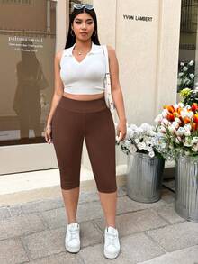 Muchica Plus Size Chocolate Brown Tight 3/4 Length Leggings, Suitable For Spring/Summer Vacation - Chocolate Brown - View 5