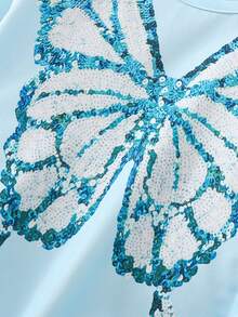 Sky Blue,Autumn,Elegant,Traditional,Wedding Girls Blue Butterfly Dress,Arabic Kids Sequin Long Sleeve Moroccan Caftan,Prayer Abaya Kids Summer Outfit - Blue - View 8