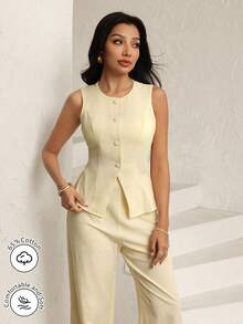 Modelyn Fashionable & Elegant Commuting Sleeveless Blazer Vest And Wide Leg Pants Suit - Light Yellow - View 6