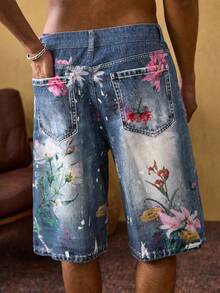 ROMWE MEN Quần short denim nam dáng casual, túi xéo, in họa tiết hoa, thích hợp mặc mùa hè. - Màu xanh lam - Xem 4