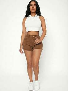 SHEIN PETITE Shorts vaqueros de mujer con bolsillos deshilachados - Marrón - Ver 4