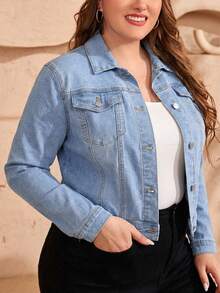 SHEIN LUNE Women's Solid Color Long Sleeve Front Button Short Denim Jacket - Blue - View 5