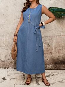EMERY ROSE 大码女式圆领侧打结无袖牛仔连衣裙 - 藍色 - 查看 6