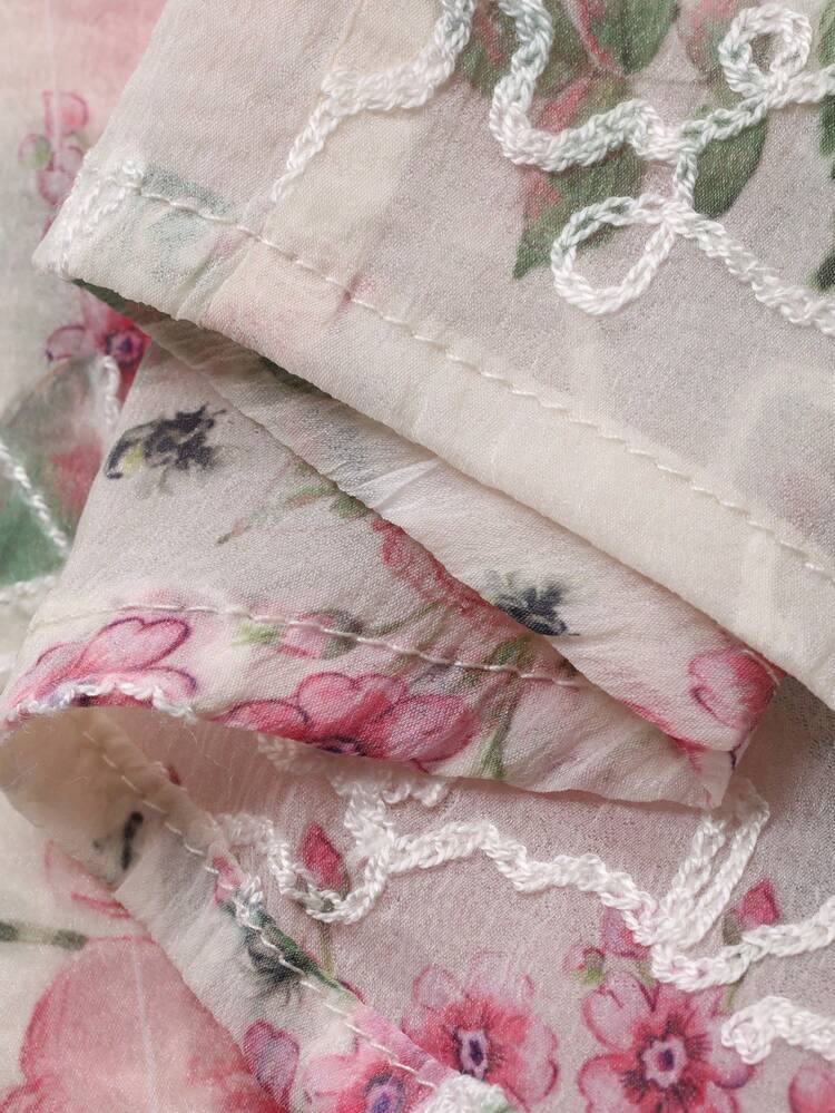 Elegant Floral Print Tie Collar Women's Blouse, Spring
