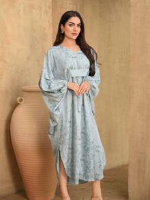 DAZY 女士优雅碎花V领宽松长连衣裙，春夏款 - 藍色 - 查看 2