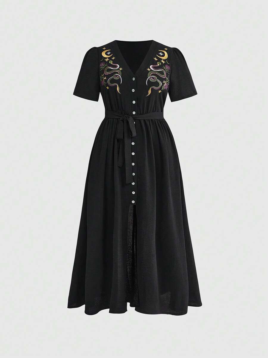 ROMWE Goth 哥特风夏季度假蛇纹印花深V领高开衩大码女式连衣裙 - 黑色 - 查看 1