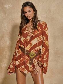 SHEIN BAE Damen V-Ausschnitt Bindeträger Langarm Boho Blume Muster Chiffon Minikleid, geeignet für Strandurlaub, Resortmode, Chiffon bedrucktes Kleid, Boho-Kleid, Musikfestival, ideal für Urlaub, Strand und Küstenmode - Braun - Übersicht 8