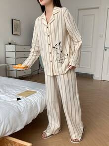 DAZY 条纹猫咪印花宽松女士睡衣套装 - 杏色 - 查看 9