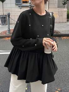 FRIFUL 女士黑色圆领长袖水钻拼接纹理绒面宽松休闲百搭T恤，秋冬款 - 黑色 - 查看 1