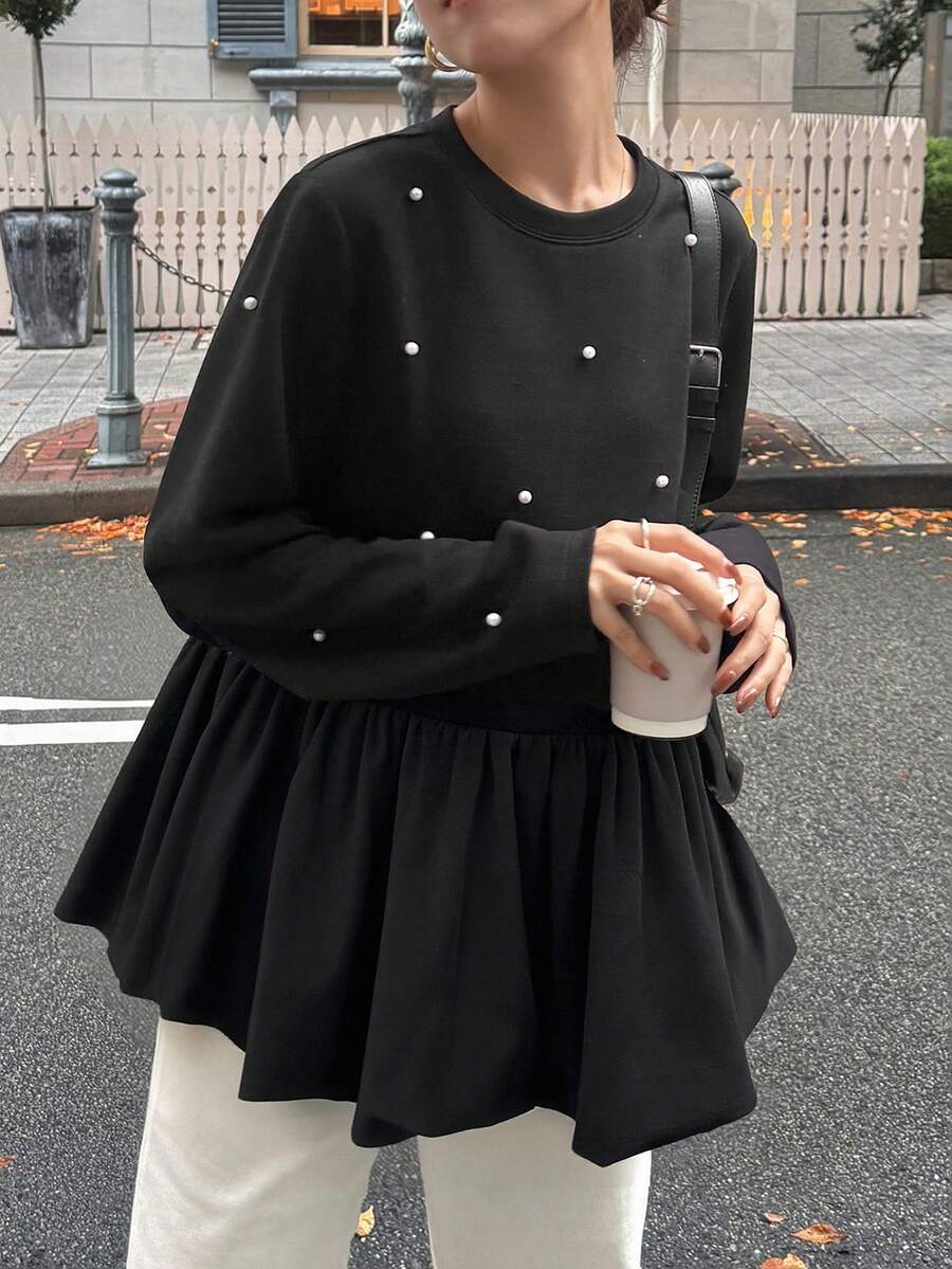 FRIFUL 女士黑色圆领长袖水钻拼接纹理绒面宽松休闲百搭T恤,秋冬款 - 黑色 - 查看 1