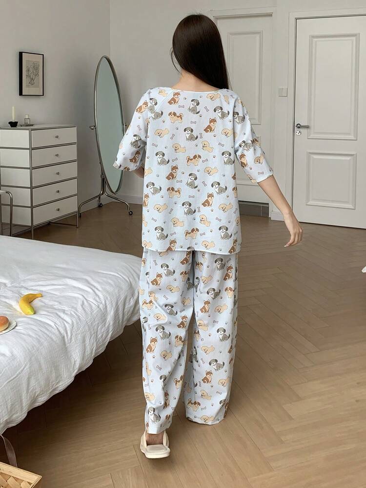 Happy Dog Print Loose Women Pajama Set