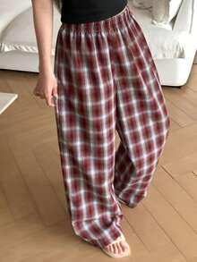 DAZY Plaid Loose Straight Leg Long Pajama Pants, Women Spring Homewear Bottom - Blue - View 9