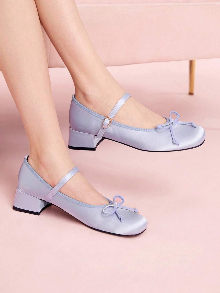 CUCCOO DOLLMOD Ladies Light Blue Satin Square Toe Bow High Heels, Versatile In The Workplace, Cute And Sweet Valentine's Day - Baby Blue - View 1