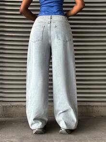 StreetHx 女士休闲时尚百搭街头风阔腿牛仔裤 - 淺色水洗藍 - 查看 5