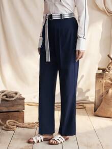 Zovinel 优雅藏蓝色直筒系带休闲裤，纯色女士办公服饰 - 藍色 - 查看 1