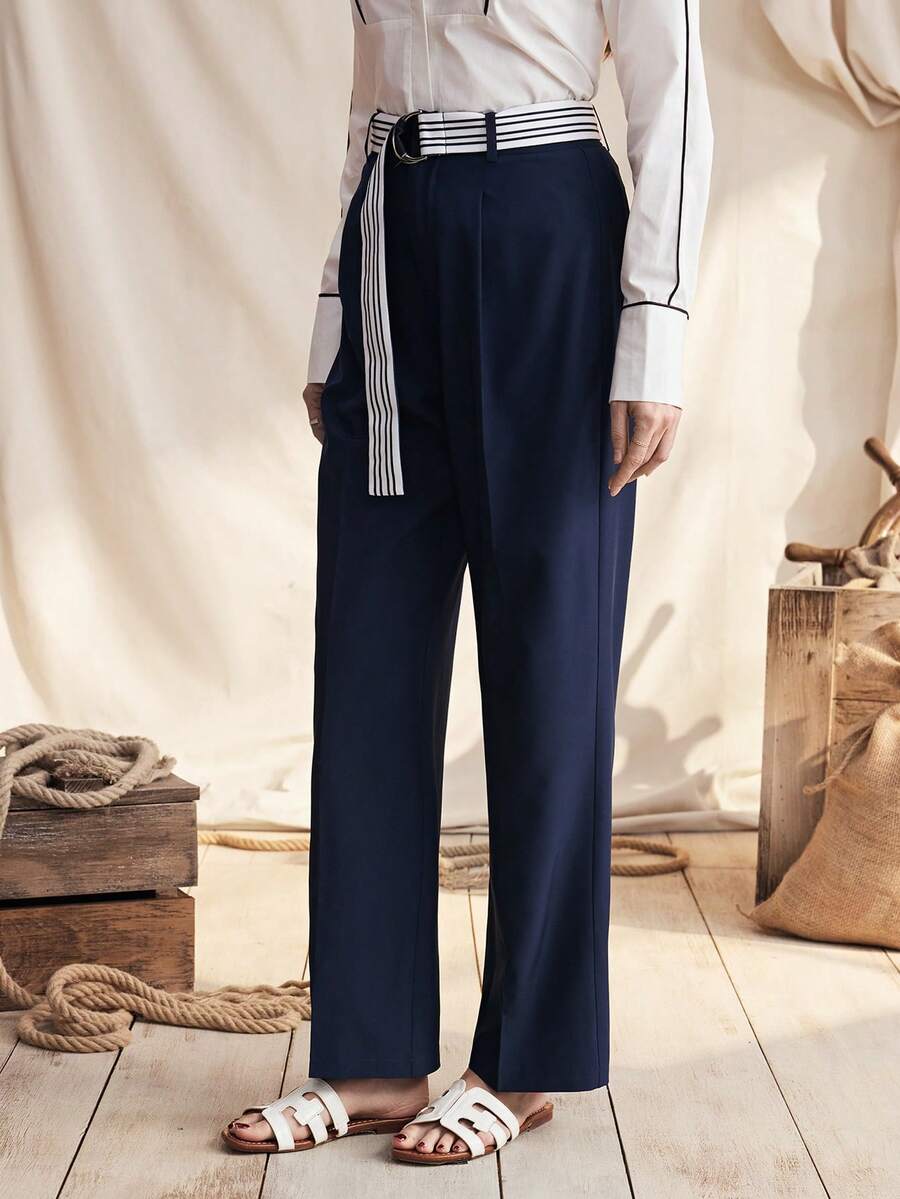 Zovinel 优雅藏蓝色直筒系带休闲裤，纯色女士办公服饰 - 藍色 - 查看 1