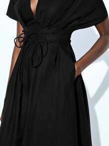 Maija Black Deep V-Neck Waist Cinched Flared Dress For Women - Black - View 8