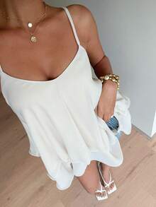 Siren Gaze 女士优雅白色层叠荷叶边吊带背心，飘逸透气，适合夏季休闲穿着。层叠荷叶边下摆雪纺吊带衫，优雅约会之夜上衣，奶油色上衣，白色吊带背心，连衣裙上衣，象牙色上衣，荷叶边上衣 - 杏色 - 查看 9