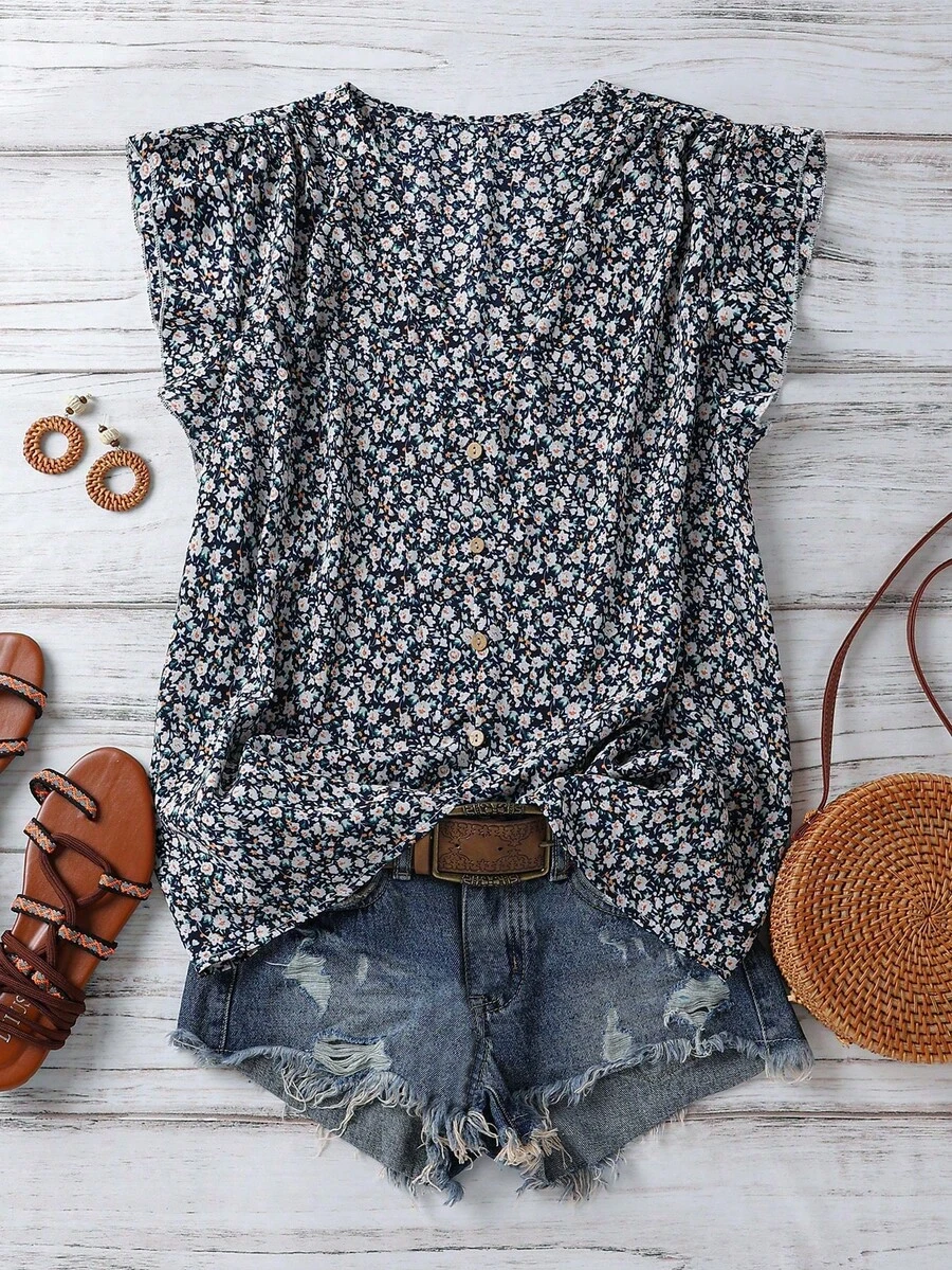 SHEIN Clasi Blusa con volantes en el bajo con estampado floral diminuto para vacaciones de verano de mujer - azul real - Ver 1